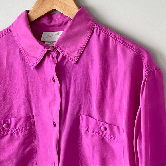 Vintage 100% Silk Bright Fushia Pink Button Down Long Sleeve Blouse Shirt Tunic - Picture 5 of 7